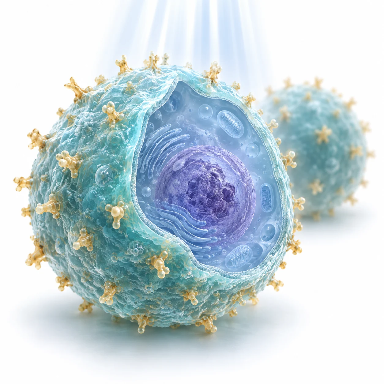 Conceptual cutaway of a tumor cell showing its internal structure and surface antigens.